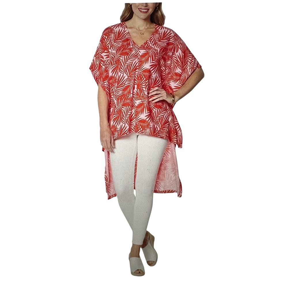 G By Giuliana‎ Linen Blend Hi-Lo V-Neck Red Palm Print Cover Up M/L